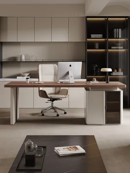 Минималистичен кабинет висок клас, офис маса, шкаф за съхранение, вграден модерен минималистичен маса бос от орехово дърво
