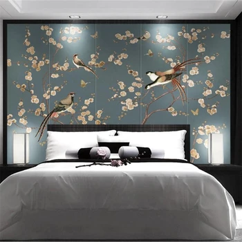 beibehang Потребителски тапети 3d стенопис Скандинавски ръчно рисувани реколта цветя и птици, рисувани стенни ТЕЛЕВИЗИЯ фон рисувани стенни 3D тапети