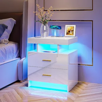 Нощно шкафче с led подсветка, безжична зареждащата станция и USB портове, Нощни шкафчета за спалня, мебели, шкафчета за дом на колела