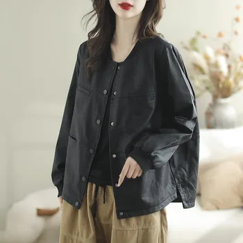 2023 Есен, Нова Корейската Мода, Дамски Свободна Яке От Изкуствена Кожа С Дълъг Ръкав, Однобортное винтажное късо палто-високо качество P407