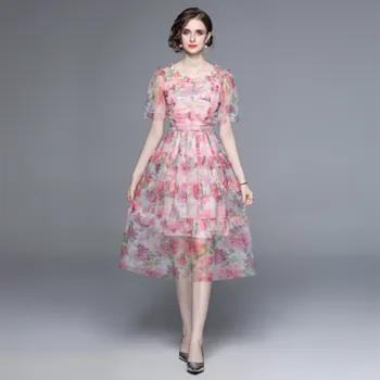Летни нови френски темпераментни рокли с квадратна яка и принтом, дамски модни дрехи-торти с къс ръкав, Vestidos