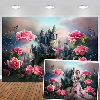 Студиен фон за снимки в замъка на принцеса Моксика, Розова Приказка държава, фон за украса за рожден ден, подпори, сладко малко момиче, детска фотобудка