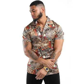 Модерна мъжка риза с леопардовым принтом с дигитален печат, градинска дрехи, ежедневни топ с къс ръкав, модни дрехи за мъже и за партита