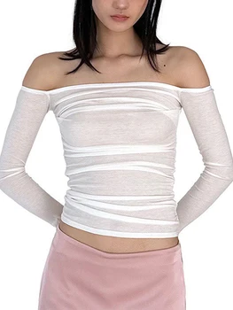 Дамски Секси ризи с отворени рамене, мрежест топ с дълъг ръкав Y2k, елегантна приталенная тениска с рюшами, тениска, за да излезете на светлина, блуза