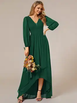 Елегантни вечерни рокли с V-образно деколте и редовни подолом в стил империя на талията 2024 година от шифон в Тъмно зелен цвят за шаферки