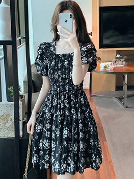 Дамско Модно Мини рокля с флорални буйни ръкав и Тромаво яка, Лятото на Корейското Елегантна рокля Kawaii с къдри 2023, Шикозни рокли за рожден ден