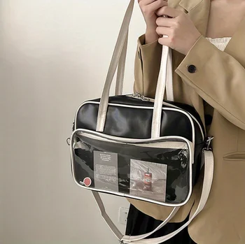 Чанта през рамо с прозрачен джоб отпред, модерна чанта-тоут в елегантен стил, чанта през рамо с голям капацитет