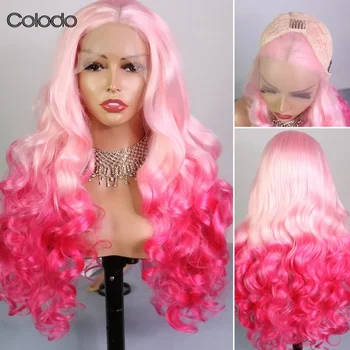 COLODO Синтетичен розова перука за жени Омбре Обемна вълна перука, Завързана отпред 30 инча Огнеупорни бесклеевой с детски коса 180% плътност
