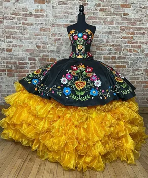 Изключително празнична рокля Coleccion Charro Quinceanera, бални рокли за мексикански момичета, пола с бродерия и кружевными накъдрен, рокля за бала