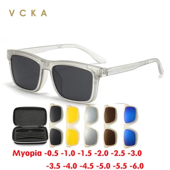 VCKA Прозрачна Квадратна Дограма Дамски Слънчеви очила от късогледство 6 В 1 Точки с магнитен клипс Мъжки Поляризирани Очила по рецепта -0,5 ~ -6,0