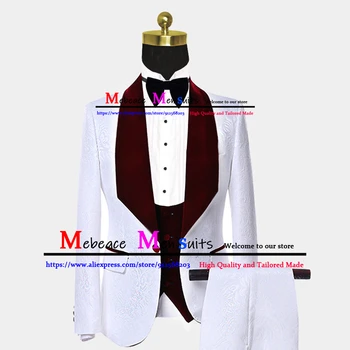 Бели жакард костюми в цветенце за мъже, оборудвана сако от 3 теми, жилетка, панталони, официален сватбен костюм на младоженеца, смокинг, костюм Homme De Luxe