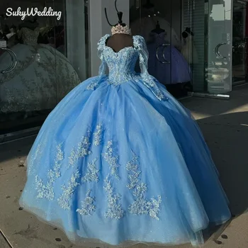Небето-синьо буйни рокли принцеса с 3D флорални апликации, дълги ръкави, бални рокли за абитуриентски бал, Сладки 16 рокли, вечерни рокли, Vestidos De