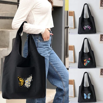Модни дамски чанти за пазаруване, сгъваема дамска чанта през рамо, холщовая чанта-тоут с принтом пеперуди, студентски чанта за пазаруване