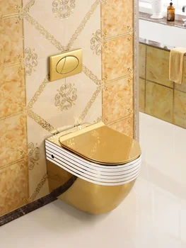 Стенен златна тоалетна чиния За малък апартамент, Домакински Окачен цветен тоалетна чиния, монтиран на стената Скрит Вграден тоалетна чиния