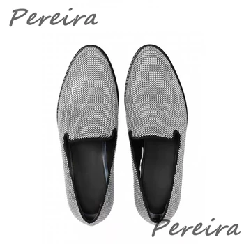 Сватбени мъжки обувки с кристали Сребристо-черен бизнес модела обувки от естествена кожа с остри пръсти, лоферы на равна подметка за партита и празненства