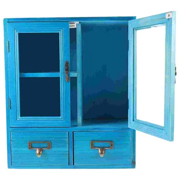Стенен шкаф за баня Дървени кухненски шкаф за съхранение, стенни витрина, двойни Стъклени врати и две малки чекмеджета, Пералня