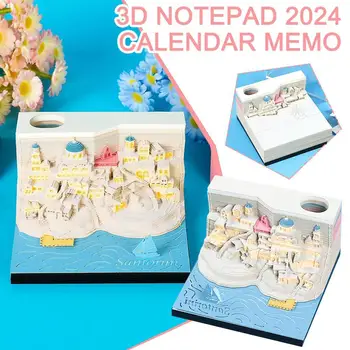 Omoshiroi Block 3D Memopad Calendar 2024 Santorini Мини 3D Бележник С Led Хартия За Бележки Художествен Настолен Календар Подарък За Рожден Ден