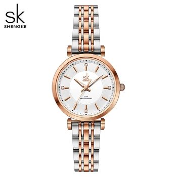 Shengke sk Watch Модерен дамски часовник С черна кожена каишка, дамски кварцов часовник, Дамски цветни часовници Relogio Feminino