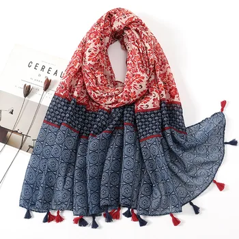 Женски шал от памук и лен, европейски и американски цвят, слънцезащитен шал на рамото, дълъг модерна декоративна шал