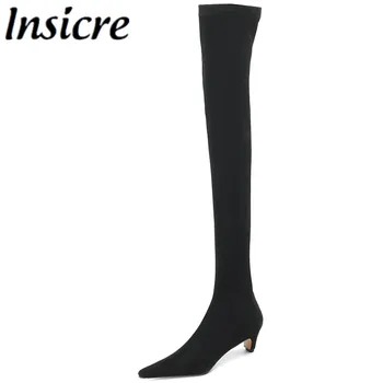 Insicre 2023 Класически дамски еластични ботуши над коляното с остри пръсти на мълния върху тънък средно ток Зимни обувки от флока голям размер 42