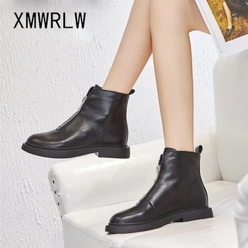 XMWRLW Дамски ботуши на равна подметка 2021 Есен Зима Модни дамски ботильоны с цип от естествена кожа, Дамски топли плюшени зимни обувки