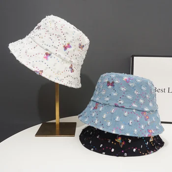 Корейски Японски стил 2023, Есен нова шапка с широка периферия пеперуда и пайети, Пролетен дамски шапка с широка периферия чадър от слънцето