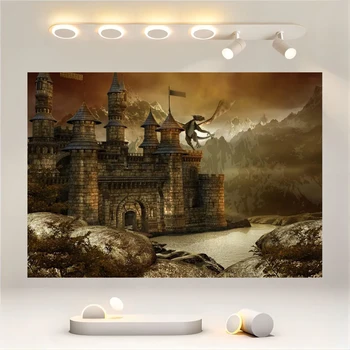 Текстилен фон за приказен замък в стил фентъзи, сцена с дракон, Средновековна архитектура, Фон за снимки на планини и езера