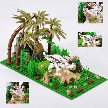 MOC Сцена динозавър в тропическите джунгли, триъгълни дракон, модел градивен, пъзел, свързваща тухли с фини частици, детски играчки