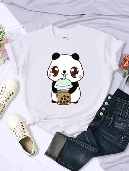 Сладка напитка с малка пандой, чай с мляко, Женска тениска, модни и ежедневни градинска облекло в стил хип-хоп с къс ръкав