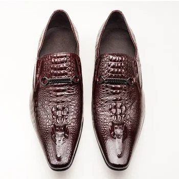 Модерен мъжки модел кожени обувки с шарките на крокодилска кожа, Луксозни модела обувки, обувки за сватба, без закопчалка, Кожени броги голям размер