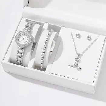 5шт Луксозен Модерен Женски набор от кварцови часовници с каишка от сплав, дамски ръчни часовници с гривната от сплав, дамски часовници Reloj Mujer