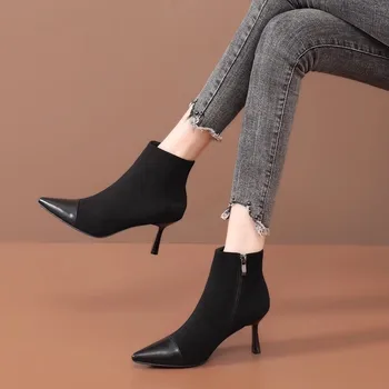 Класически дамски ботуши с цип отстрани, къси модни обувки на среден ток, four seasons 2023, велурени дамски обувки на висок ток с остър пръсти, велурени дамски обувки