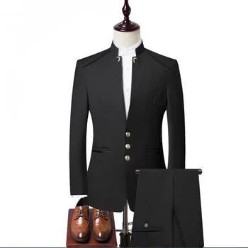 2023 Нов мъжки Обикновен Сватбен костюм Черно / Тъмно синьо Модерен мъжки бизнес Светска Балната си вечер С висока яка, Оборудвана сако, панталони