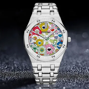 Луксозни Мъжки Часовник PINTIME С Цветя Икона Циферблат, Мъжки Кварцови Часовници, Цветни Слънчогледови Часовници е От Неръждаема Стомана Reloj Man Clock