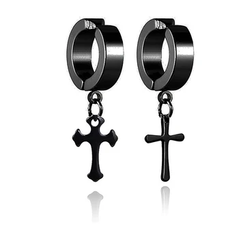 GSOLD Хип-хоп медальон с кръст от неръждаема стомана, щипки за уши за мъже и жени, бижута в стил пънк черен цвят, висящи обеци на панти