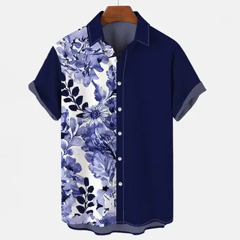 Лятна мъжка однобортная риза-жилетка с контрастни принтом под формата на листата на растението, с ревери, модерни ежедневни блузи за почивка и офиса за една дама