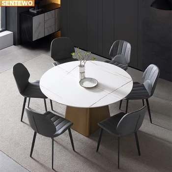 Дизайнерска луксозна кръгла кухня от мраморни плочи, маса за хранене с 4 стола, маса мебели meuble marbre, Неръждаема стомана, златно основа