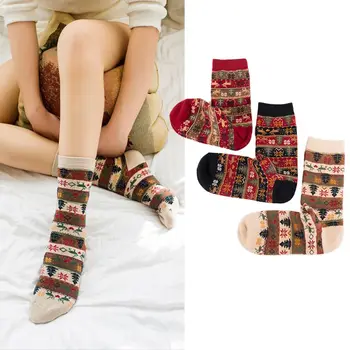 3 Чифта Женски Коледни Чорапи в Етнически стил С Принтом Лос В Ивица С Снежинками, Чорапи носочные Изделия Y1AC