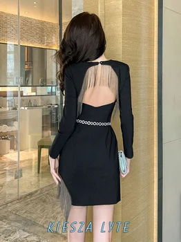 Луксозно страхотна черна вечерна рокля за жените от пролетно-лятната колекция 2024 г. с ресни-на веригата, секси рокля без гръб, вечерни рокли