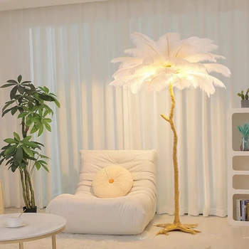 Лампиона от пера за хол, спални, Луксозна настолна лампа с декоративни атмосфера от страусиных вложки