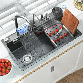 Кухненска мивка с водопад от неръждаема стомана 304, дигитален дисплей, голяма мивка с една мивка, моноблок и мивка за измиване на съдове с мулти-сензорен водопад