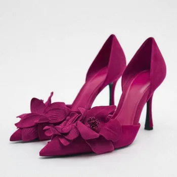 2023 Нова лятна дамски обувки, дамски дантелени сандали с червени цветя, уникални секси сандали на високи токове с кръстосано деколте