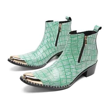 Нов дизайн на Мъжки обувки, Златни Ботильоны от Естествена Кожа с Железни Пръсти Зелен Цвят за Мъжете, Модни Вечерни/Сватбени Обувки от Змийска Кожа, Мъжки