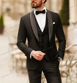 Нов черен делови костюм, Мъжки Смокинги Младоженеца на Булката за абитуриентски бал, Сватба парти Официално комплект от 3 теми Яке-Жилетка, Панталон B39