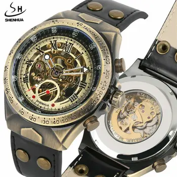 Луксозни Маркови Мъжки механични часовници Реколта Бронзови Спортни Кожени часовници Скелет Автоматични часовници за самостоятелно ликвидация Relogio Masculino