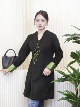 Черно модифицирано тибетское палто с ниска яка, есенни женски топ средна дължина