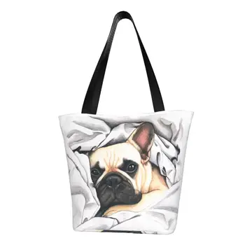 Обичай Френски Булдог Холщовые Пазарски Чанти Дамски Многократна Употреба Бакалия Frenchie Dog Lover Мъкна Shopper Bag