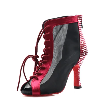 Женски обувки за латино танци, черни велурени танцови обувки, обувки за танго, дамски официални обувки на висок ток, червени