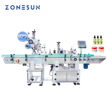 Автоматична labeller машина ZONESUN с двойно предназначение ZS-TB800, автоматичен апликатор на етикети за кръгли бутилки и плоски капаци, двустранен маркировка