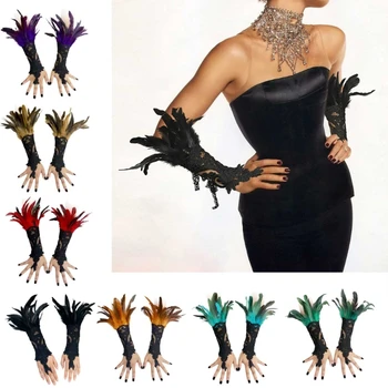 Дамски Лейси ръкавица с бродерия от пера, Средновековен Steampunk, гривна без пръсти, гривна за Вещиците на Хелоуин, Реквизит за cosplay